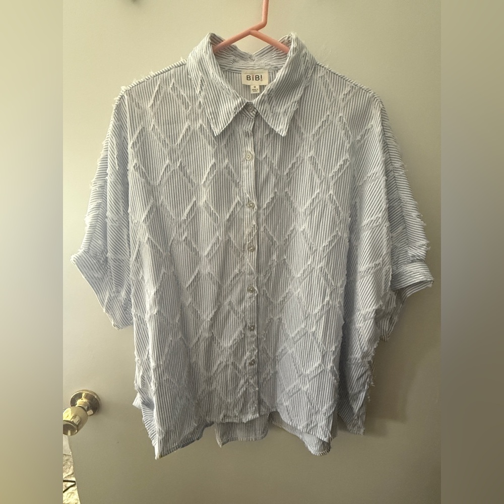 BiBi Frayed Pattern Detail Blue and White Striped Shirt